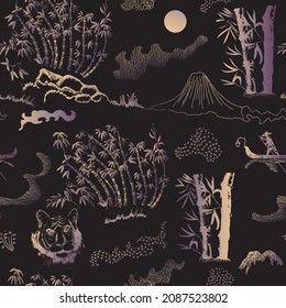 Golden Bamboo stalks, tiger head among the leaves, moon, mountain, river, sailing boat on a black background. Vector seamless pattern of sketches in Japanese and Chinese ink nature illustration style 