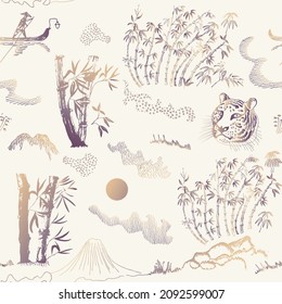 Golden Bamboo stalks, tiger head among the leaves, moon, mountain, river, sailing boat on a beige background. Vector seamless pattern of sketches in Japanese ink nature illustration style 