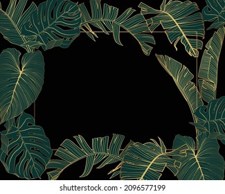 Golden bananas Background Illustration. Tropical line leaves frame. Summer tropical leaf. Exotic hawaiian jungle, summer time border green frame. 