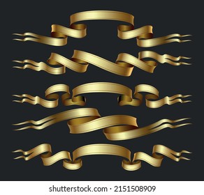 Golden bands. Gold curled ribbons isolated, goldaen colour banner strings with curls, empty champions anniversary ribon badges, blank pennant tapes for emblem insignia tag designs