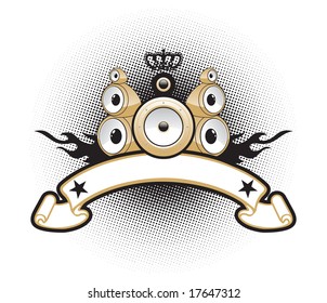 Golden Banner with MultiStereo Speakers and flames for grunge poster design