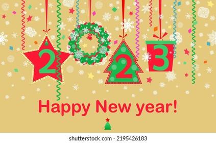 Golden banner with red green hanging cut out decoration with paper fir, wreath, gift box, star and colorful streamer for 2023 New year greeting and winter holidays