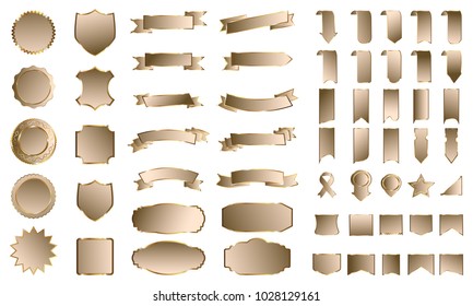 Golden banner ribbon label vector set background with isolated fancy badge vintage sticker and decorative border icon for frame. Festive colorful tag design award of gift illustration collection