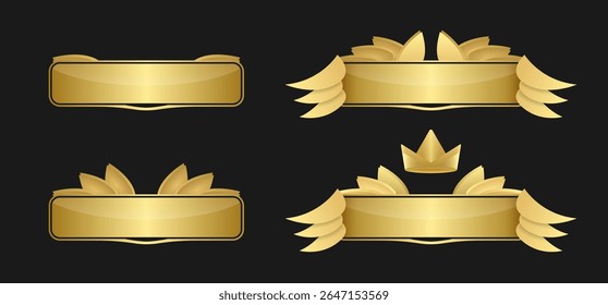 Golden banner set for game user interface isolated on background. Rank text decoration with gold crown and wings