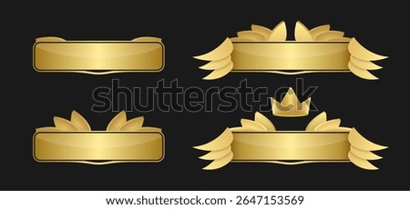 Golden banner set for game user interface isolated on background. Rank text decoration with gold crown and wings