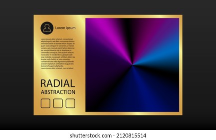 Golden banner template with Neon radial gradient background. Vector metallic radial gradient background in gold frame with text template for social post design.