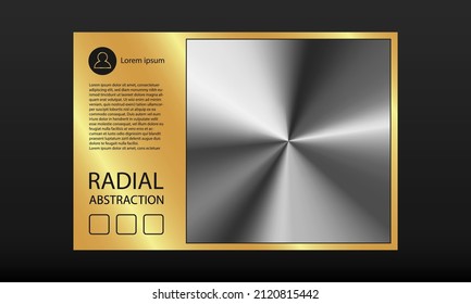 Golden banner template with Silver radial gradient background. Vector metallic radial gradient background in gold frame with text template for social post design.