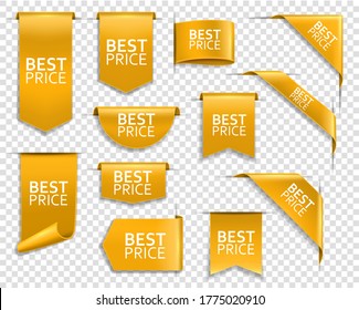 Golden banners, corners for web site, vector price ribbons, labels and tags. Best price golden banners for online shop and web store, bookmarks and tags, flags and curved ribbons for website