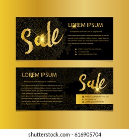 Golden banners. Gold text. Gift, luxury, card, vip, exclusive, certificate, privilege, voucher, store, present, shopping, sale