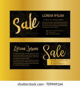 Golden banners. Gold text. Gift, luxury, card, vip exclusive certificate privilege voucher shopping sale