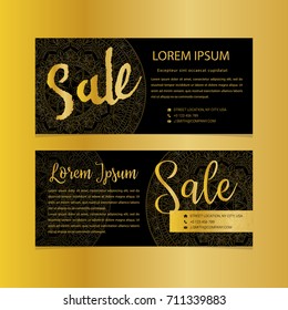 Golden banners. Gold text. Gift, luxury, card, vip exclusive certificate privilege voucher shopping sale