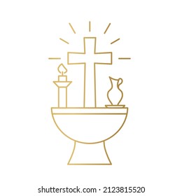 golden baptismal font with cross, candle and pitcher, christening symbols, God bless you, element for greeting card- vector illustration