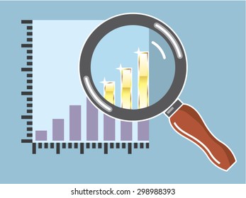 Golden bar graph increase Magnifying glass Vector