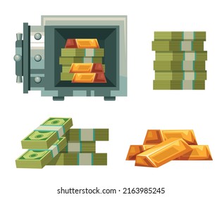 Golden bar and money isolated set. Bank vault concept. Vector flat graphic design cartoon illustration