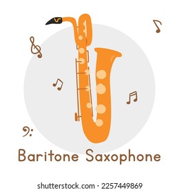 Estilo de dibujos animados de Golden baritone saxofono clipart. Sencillo instrumento musical de latón saxofón lindo ilustración vectorial plana. Instrumentos de bronce de estilo doodle dibujado a mano. Diseño vectorial de instrumentos eólicos