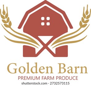 Logotipo de celeiro dourado simbolizando produtos agrícolas premium e abundância agrícola com talos de trigo