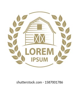 Golden barn surrounded by laurel wreath, vector emblem logo template