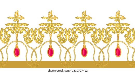 Golden baroque border with gems. Realistic scrolls, chains, rubins and other decorative elements on white background. Vintage design collection.