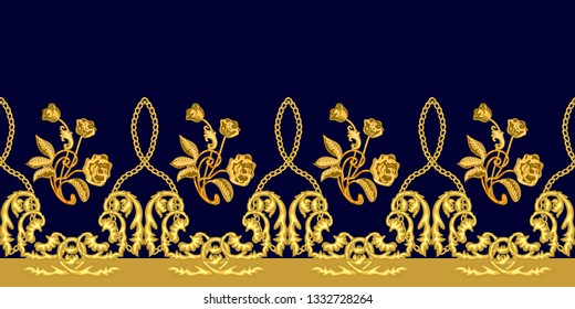 Golden baroque border with gems. Realistic scrolls, chains, golden roses and other decorative elements on black background. Vintage design collection.