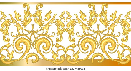 Golden baroque border. Realistic scrolls, leaves and other decorative elements on  white background. Vintage design collection.