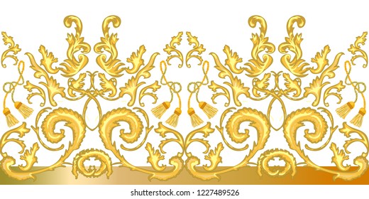 Golden baroque border. Realistic scrolls, leaves, curtain brishes and other decorative elements on  white background. Vintage design collection.