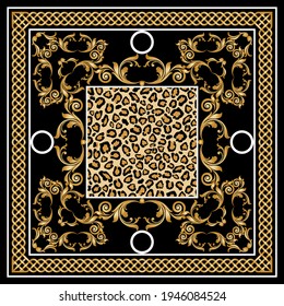 Golden baroque chains with leopard scarf pattern.Vector design for fashion prints and backgrounds.