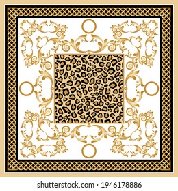 Golden baroque chains with leopard scarf pattern.Vector design for fashion prints and backgrounds.