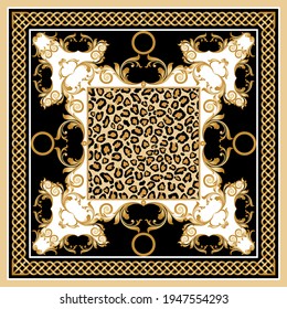 Golden baroque chains with leopard scarf pattern.Vector design for fashion prints and backgrounds.