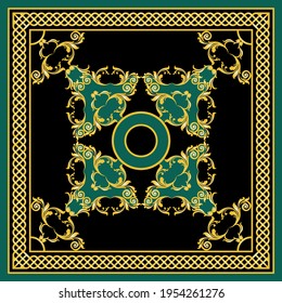 Golden  baroque element with chain on a black background. EPS10 Illustration.