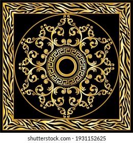 Golden baroque element with zebra border on a black background. EPS10 Illustration.