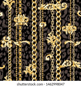 Golden baroque elements flourishes and chains with animal texture. Dark seamless pattern