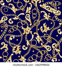 Golden baroque elements flourishes and chains mixed on blue. Seamless pattern.