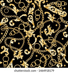 Golden baroque elements flourishes and chains mixed on black background. Seamless pattern. Fashion print.