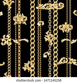 Golden baroque elements flourishes and chains black background. Dark seamless pattern