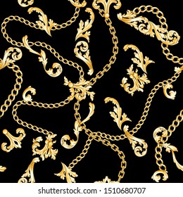 Golden baroque elements flourishes and chains on black background. Dark seamless pattern