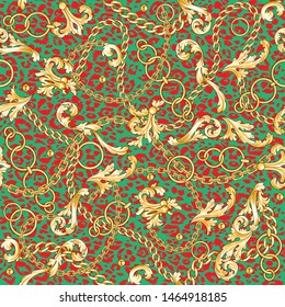 Golden baroque flourishes and chains with bright animal texture. Seamless pattern background