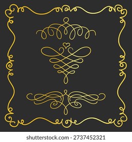 Golden baroque flourishes and scrollwork elements including a delicate heart motif are arranged artistically on a dark background ideal for sophisticated graphic design borders or certificates.