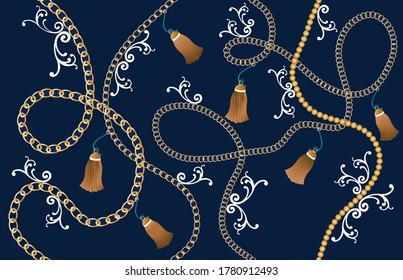 Golden Baroque Motif with Chains Pattern.Vector design for Fashion Prints and Backgrounds.