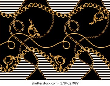 Golden Baroque Motif with Chains Pattern.Vector design for Fashion Prints and Backgrounds.