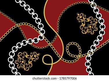 Golden Baroque Motif with Chains Pattern.Vector design for Fashion Prints and Backgrounds.