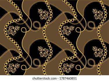 Golden Baroque Motif with Chains Pattern.Vector design for Fashion Prints and Backgrounds.