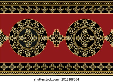 Golden baroque pattern with chain on a red background.EPS10 Illustration.