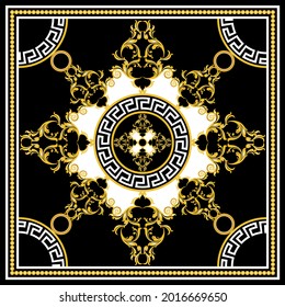 Golden baroque pattern with chain on a black. Vector Illustration.