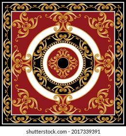 Golden baroque pattern with chain on a red. Vector Illustration.