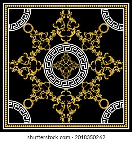 Patrón barroco dorado con cadena en negro. Ilustración vectorial.