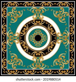 Patrón barroco dorado con cadena en verde. Ilustración vectorial.