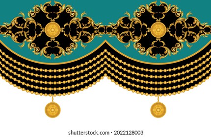 Patrón barroco dorado con cadena en negro. Ilustración vectorial.