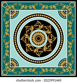 Golden baroque pattern with chain on green. Vector Illustration.
