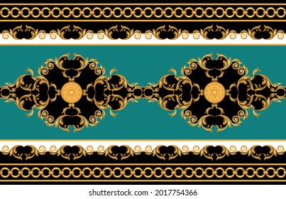 Golden baroque pattern with chains on a black. Vector Illustration.