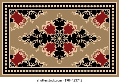 Golden baroque pattern for kilim rug, carpet. Rug, runner, mats, textile design. Geometric floral background. EPS10 Illustration.
